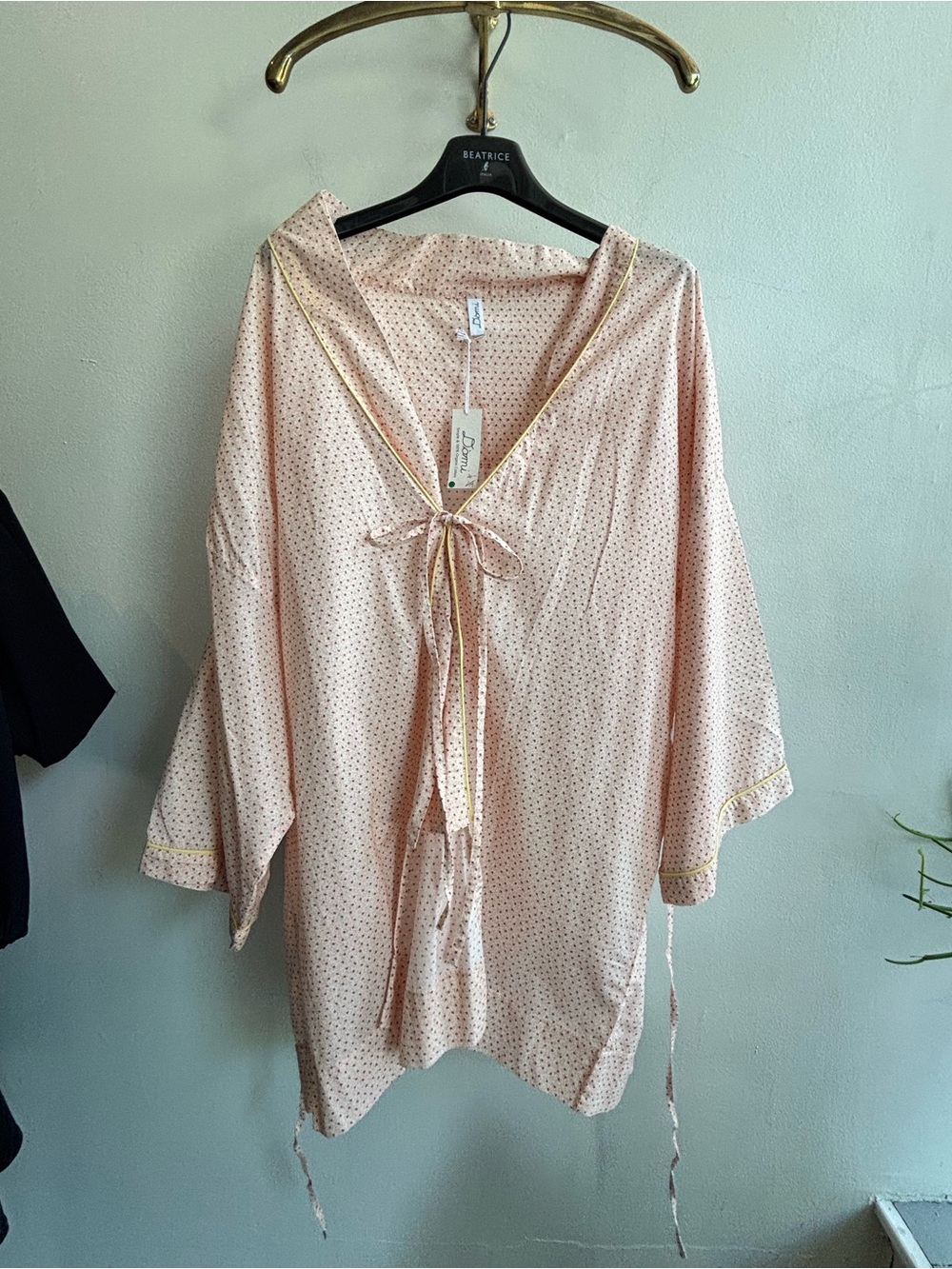 Light Pink Hooded Tie-Front Robe with Yellow Trim
